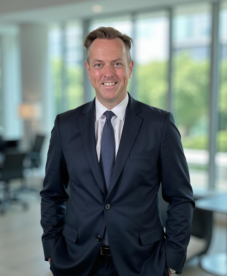 Ross Williams in a suit, consulting with private equity investors